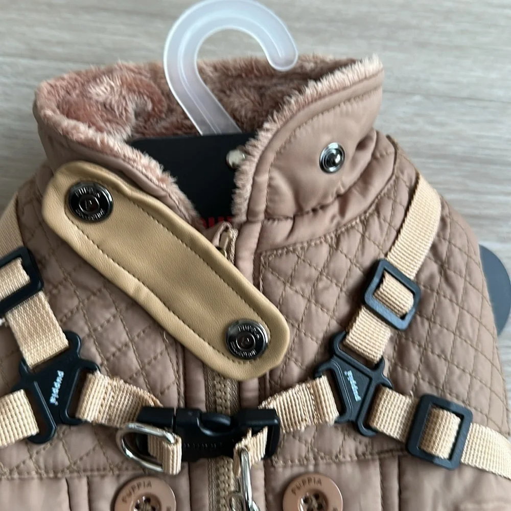 Tan Quilted Dog Jacket with Harness Wilkes Fleece Dog Vest by Puppia - Beige